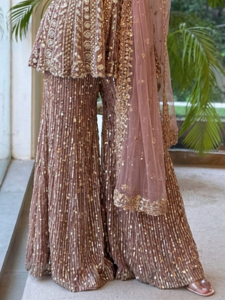 Sorbet Dusty Pink Net Peplum Sharara Set with Crystal
