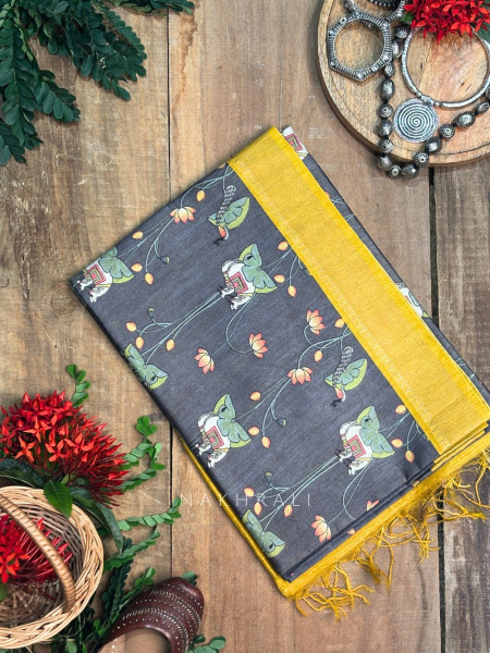 Chitrawali Black Tussar Silk Saree with Pichwai Art