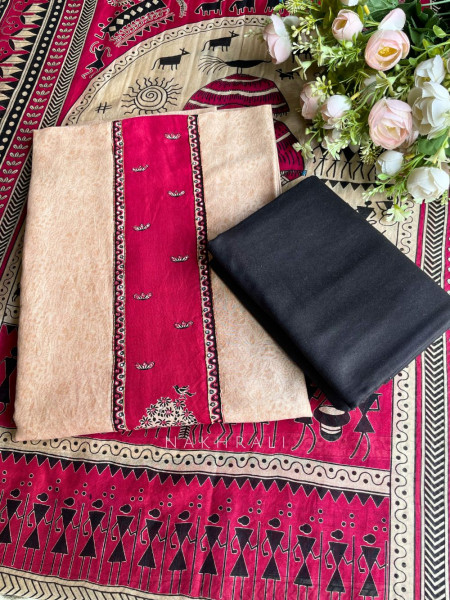 Cavira Beige Dress Material with Tribal Art Print