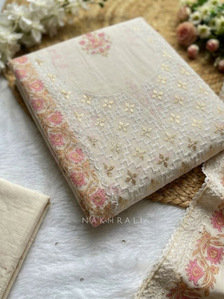 Maristelle Cream Floral Printed Dress Material with Embroidered Yoke