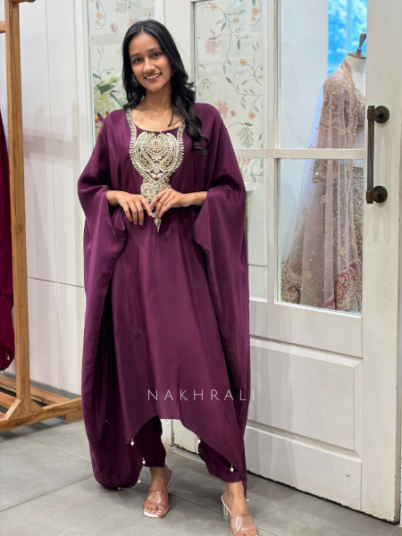Suranjana Purple Kaftan Set with Sequin and Cut Dana Neck Yoke Work