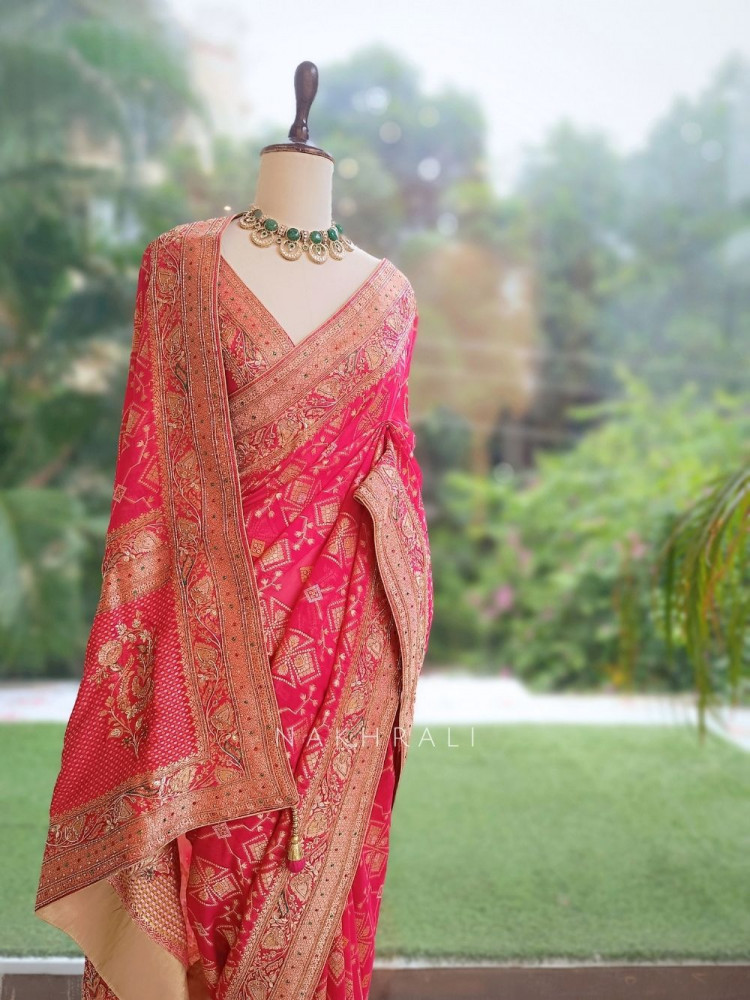 Image of Desert Rose Red  Banarasi Khaddi Georgette Saree
