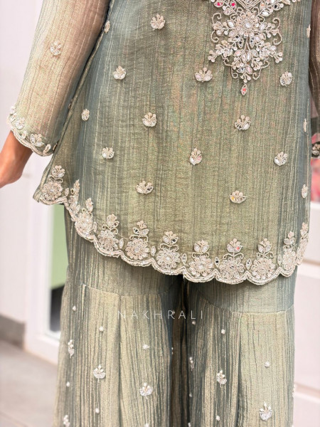 Inara Shimmer Sea Green Crushed Organza Gharara Suit Set