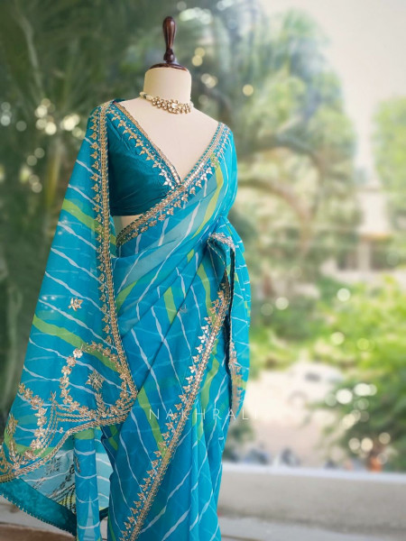 Noor Blue Leheriya Saree with Gota Patti Work