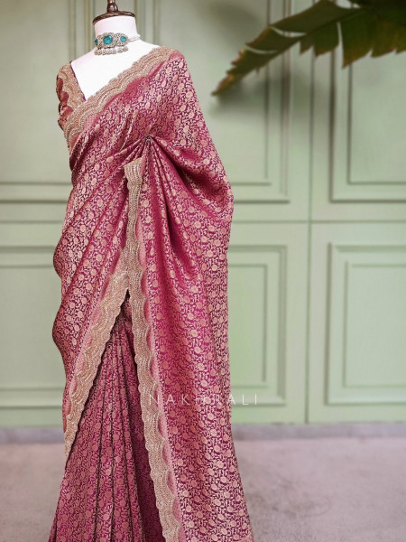 Kumudam Wine Banarasi Khaddi Georgette Saree with Zari Jaal and Scalloped Cutwork Border