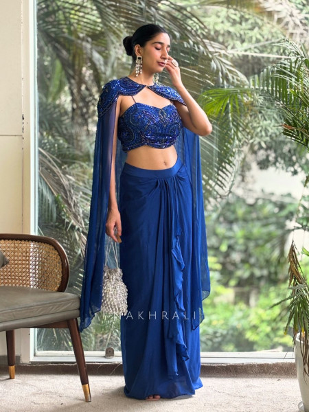 Lustre Veil Royal Blue Crop Top Skirt with Cape and Sequin Cut Dana Work