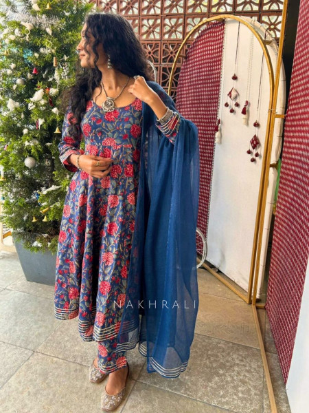 Mrigya Blue Floral Cotton Anarkali Suit Set with Gota Work
