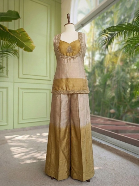 Sculpted Grace Golden Slub Raw Silk Palazzo Set With Cutdana Zardozi Work
