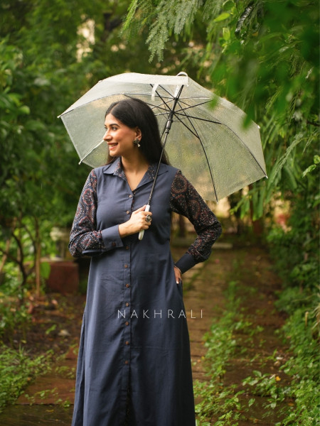 Sahir Blue Cotton Button-Down Dress