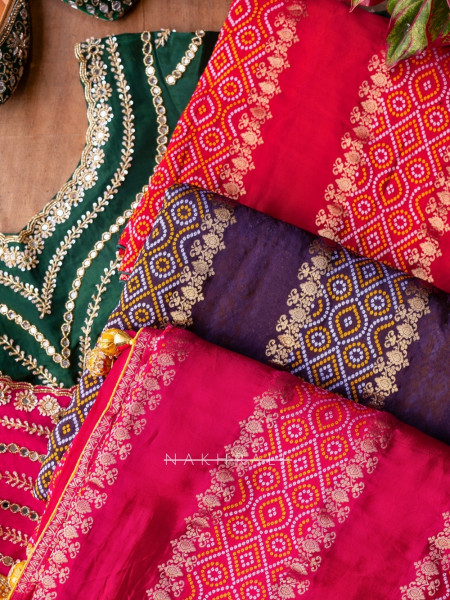 Pravahini Magenta Bandhani Saree with Sequin, Cut Dana & Mirror Work Readymade Blouse
