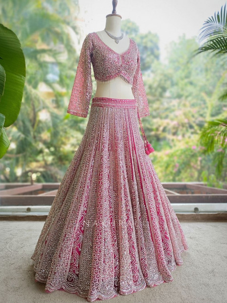 Rivarka Pink Mirror and Bead Embroidered Bridal Lehenga