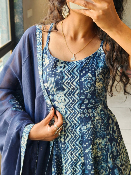 Zorvyn Blue Printed Anarkali Set with Panel Design