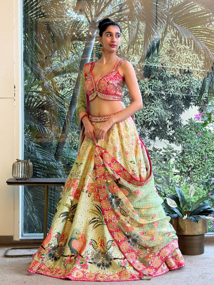 Image of Odette Pista Green Printed Lehenga with Sequin and Bead Work