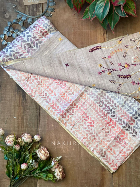 Vadi Raw Silk Pink Saree with Leafy Block Print & Embroidery