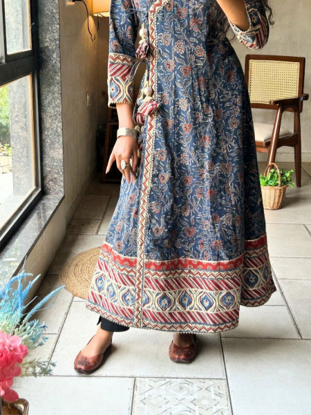 Prakriti Blue Printed Cotton Anarkali Kurta
