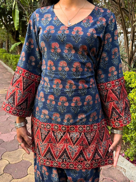 Elvar Blue Cotton Block Print Kurti with Farsi Salwar Set