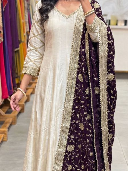 Noor-e-Khaas Flared Cream Anarkali Suit with Royal Wine Dupatta