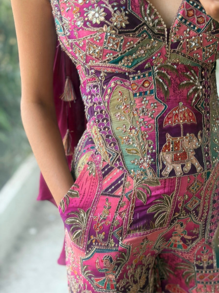 Banarasi Purple Patchwork Flared Palazzo Set