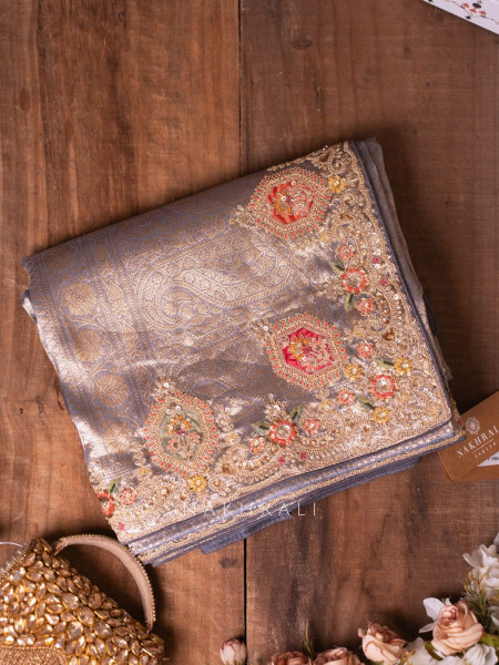 Royal Princess Grey Banarasi Silk Saree with Zardozi Detailing