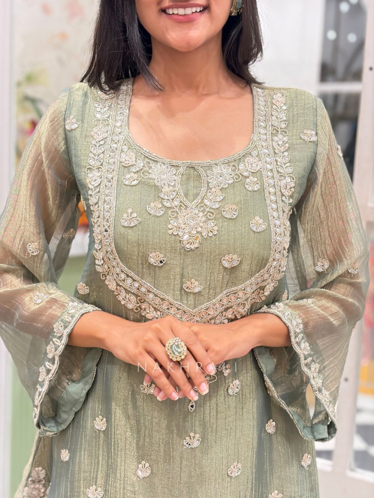 Image of Inara Shimmer Sea Green Crushed Organza Gharara Suit Set