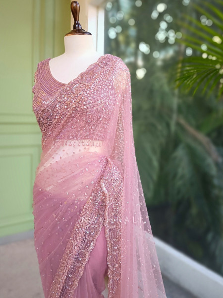Periwinkle Onion Pink Tissue Saree with Sequin Work