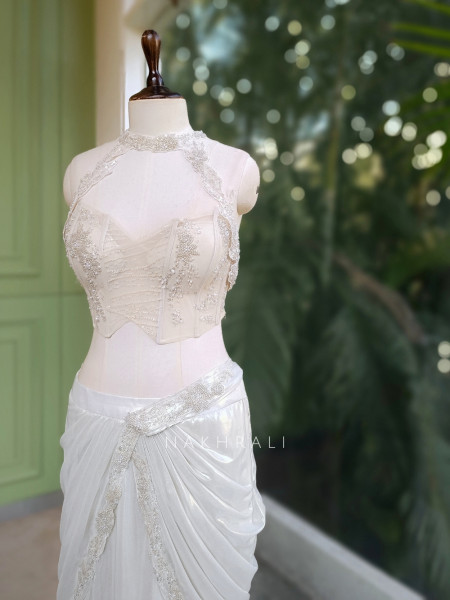 Ivory Glow Organza Drape Saree with Pearl Embellished Blouse