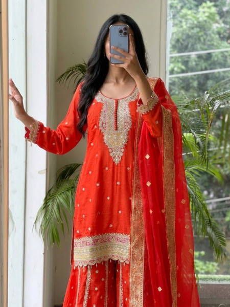 Saffron Sizzle Orange Cutwork Sharara Suit Set