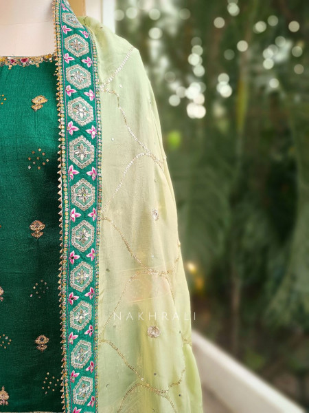 Emerald Radiance Silk Gharara Set with Sequin Embroidery