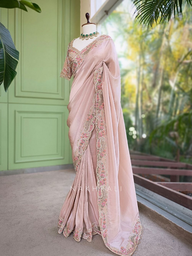 Image of Shubhlata Pink Silk Saree with Thread Embroidered Blouse