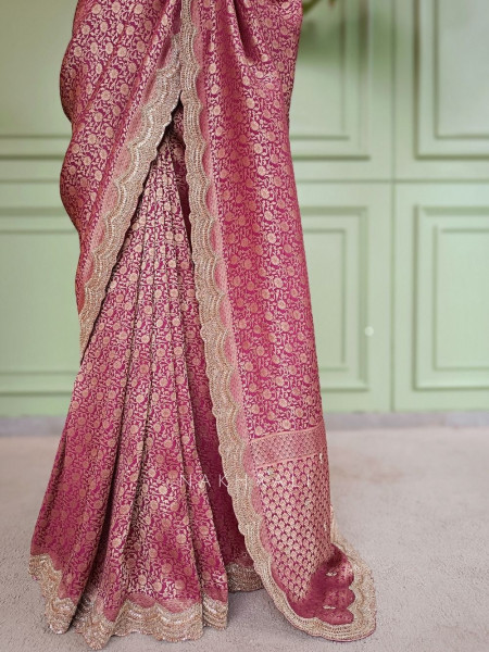 Kumudam Wine Banarasi Khaddi Georgette Saree with Zari Jaal and Scalloped Cutwork Border