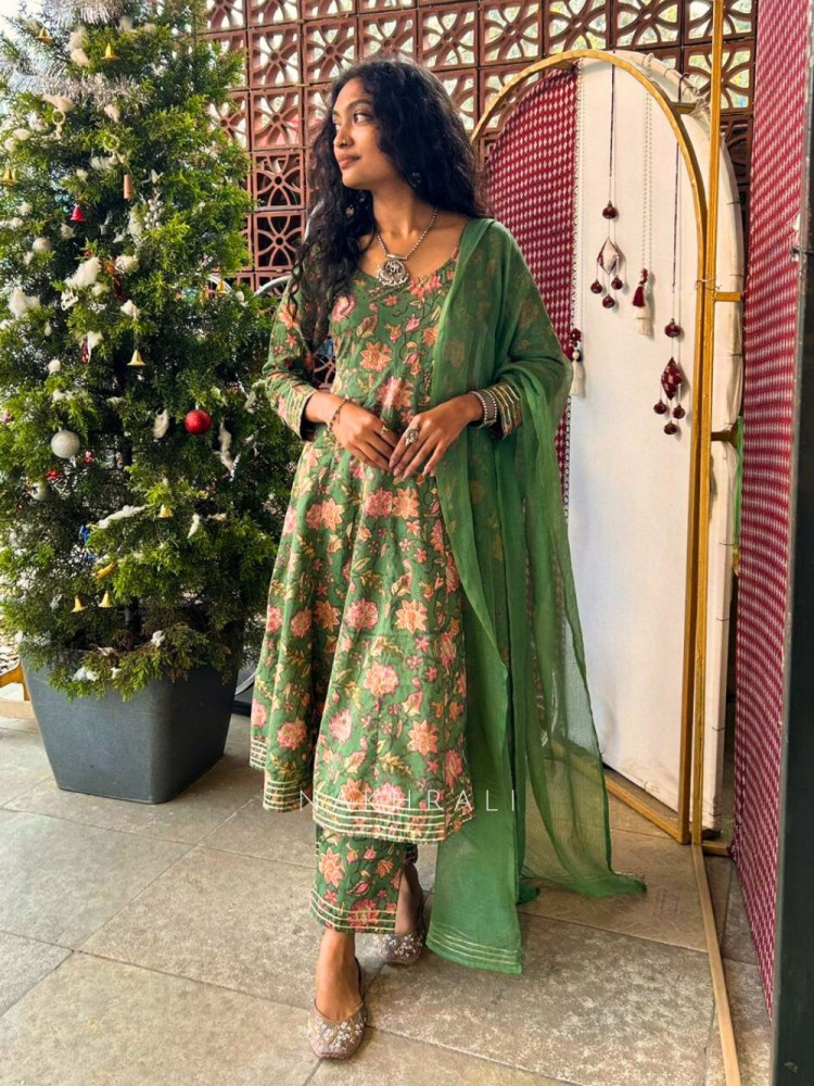 Image of Mrigya Green  Floral Cotton Anarkali Suit Set with Gota Work