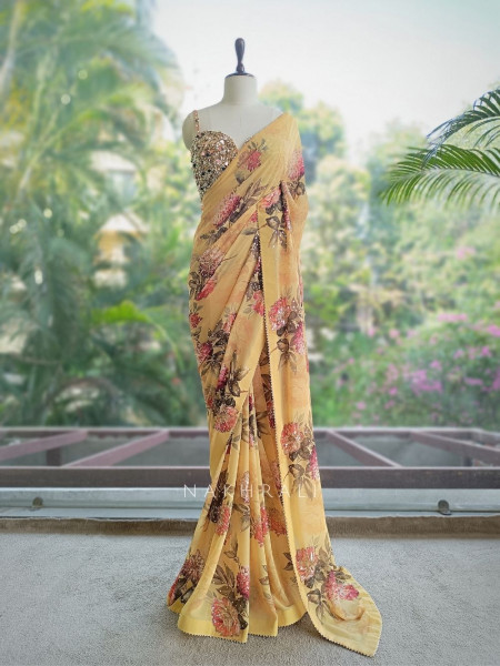Lorina Yellow Floral Pure Georgette Chiffon Saree with Embellished Readymade Blouse