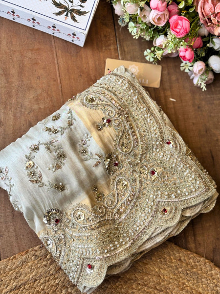 Vianka Cream Saree with Zardozi Work and Readymade Blouse