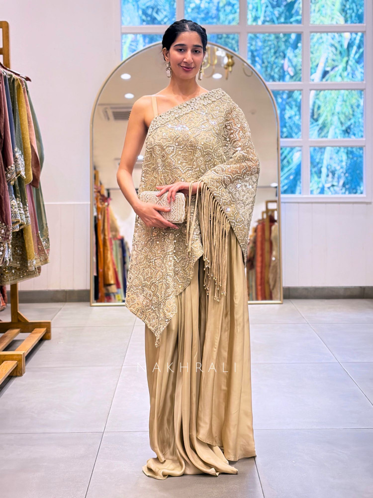 Image of Lunelle Cream Indo-Western Drape Set with Sequin Work