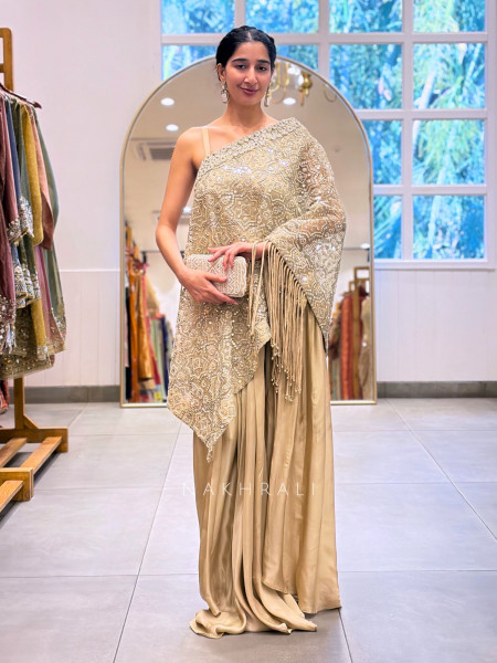 Lunelle Cream Indo-Western Drape Set with Sequin Work