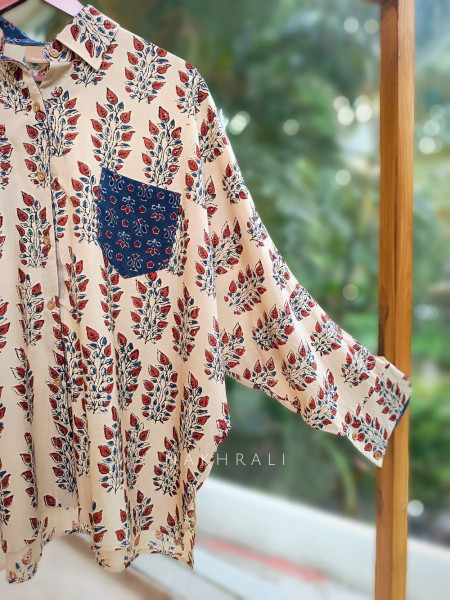 Banjara Beige Cotton Oversized Shirt with Leafy Block Print