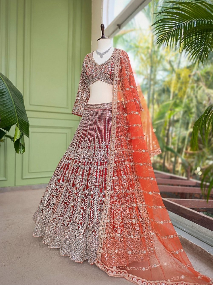 Image of Selene Orange  Bridal Lehenga with Silver Embroidery