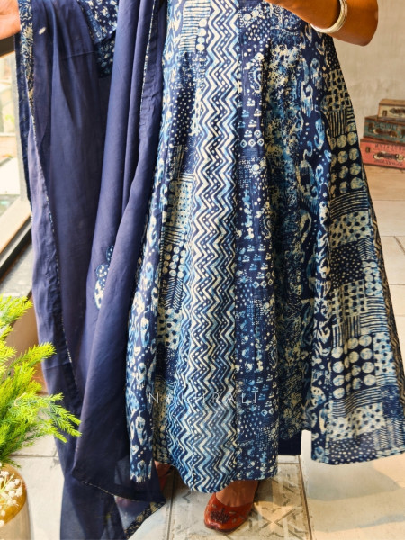 Zorvyn Blue Printed Anarkali Set with Panel Design