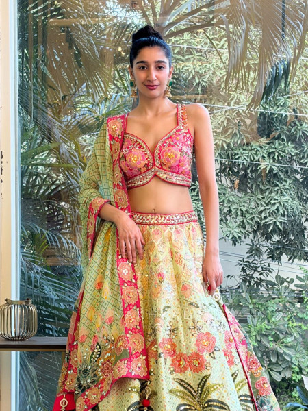 Odette Pista Green Printed Lehenga with Sequin and Bead Work