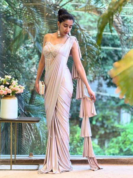 Divine Glow Peach Drape Saree with Cutdana and Mirror Work