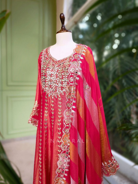 Tanira Gajari Mirror Work Anarkali Set with Embroidered Dupatta