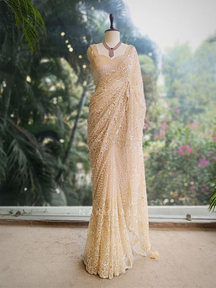 Image of Elorah Cream Beaded Saree with Sequin Work Blouse