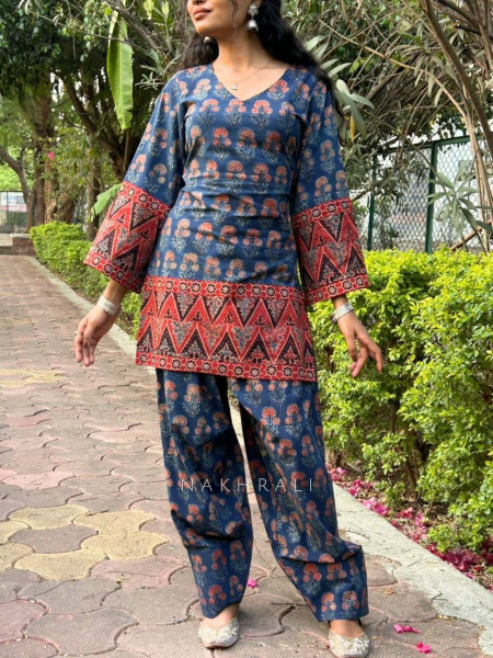 Elvar Blue Cotton Block Print Kurti with Farsi Salwar Set