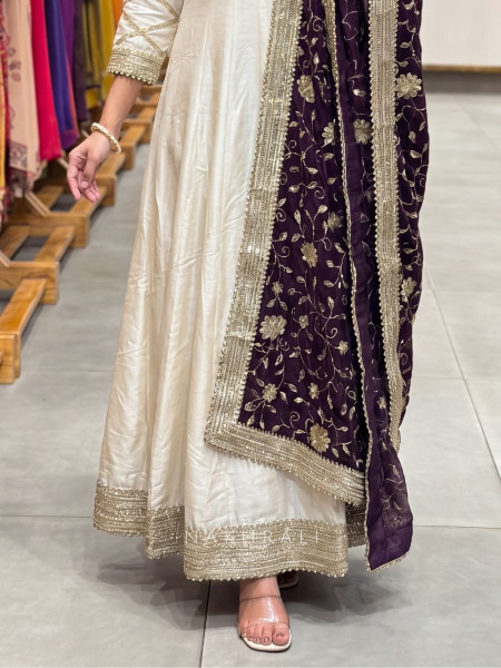 Noor-e-Khaas Flared Cream Anarkali Suit with Royal Wine Dupatta