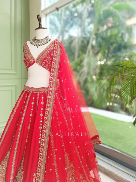Inayat-Vibe Tomato Red Arch Border Unstitched Bridal Lehenga