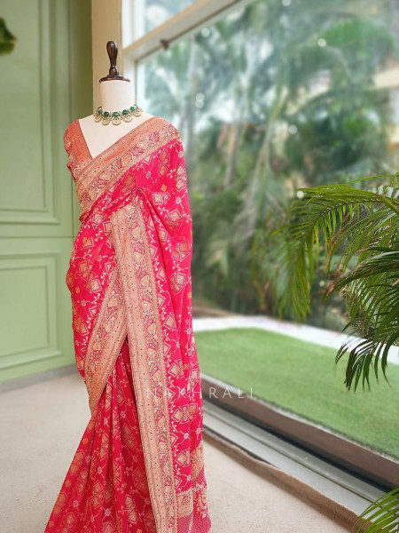 Desert Rose Red  Banarasi Khaddi Georgette Saree