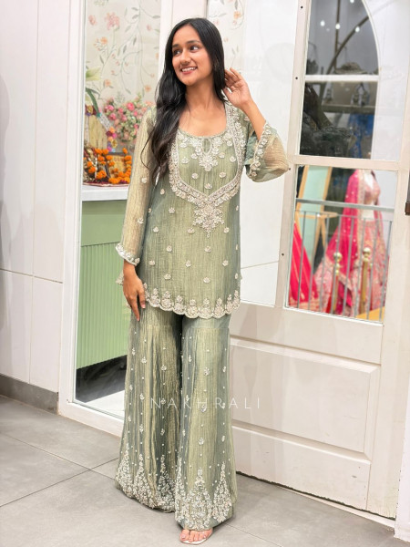 Inara Shimmer Sea Green Crushed Organza Gharara Suit Set