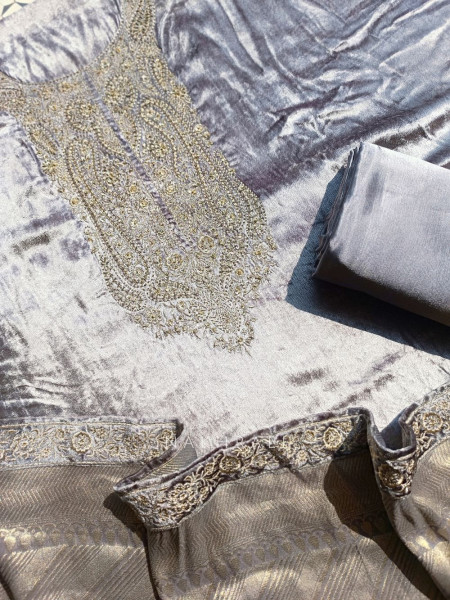 Aureline Grey Velvet Dress Material with Zari Embroidered Work