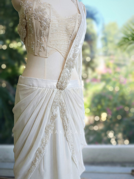 Ivory Glow Organza Drape Saree with Pearl Embellished Blouse