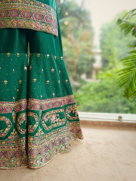 Emerald Radiance Silk Gharara Set with Sequin Embroidery